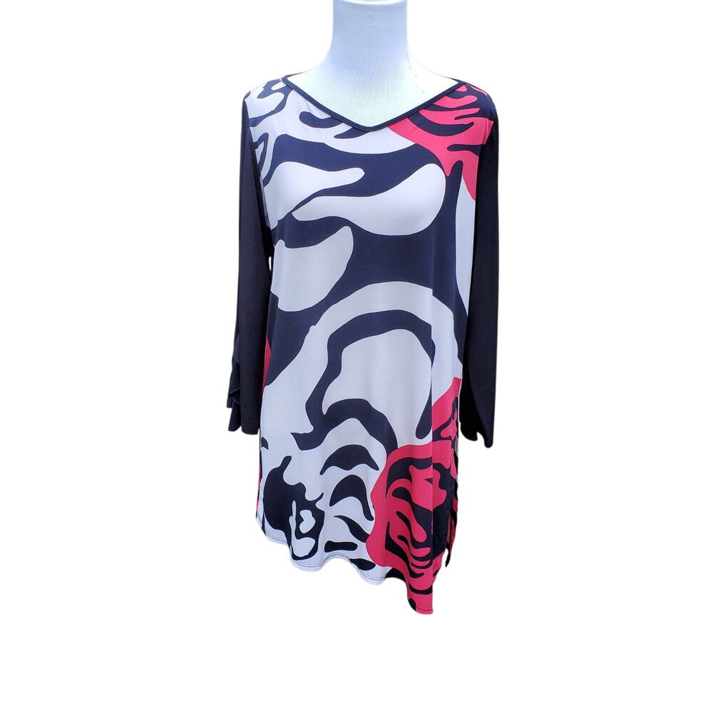 Clara Sun Woo Tunic Top Abstract Print Red Gray Black Asymmetric Ruffle Slv Sz M